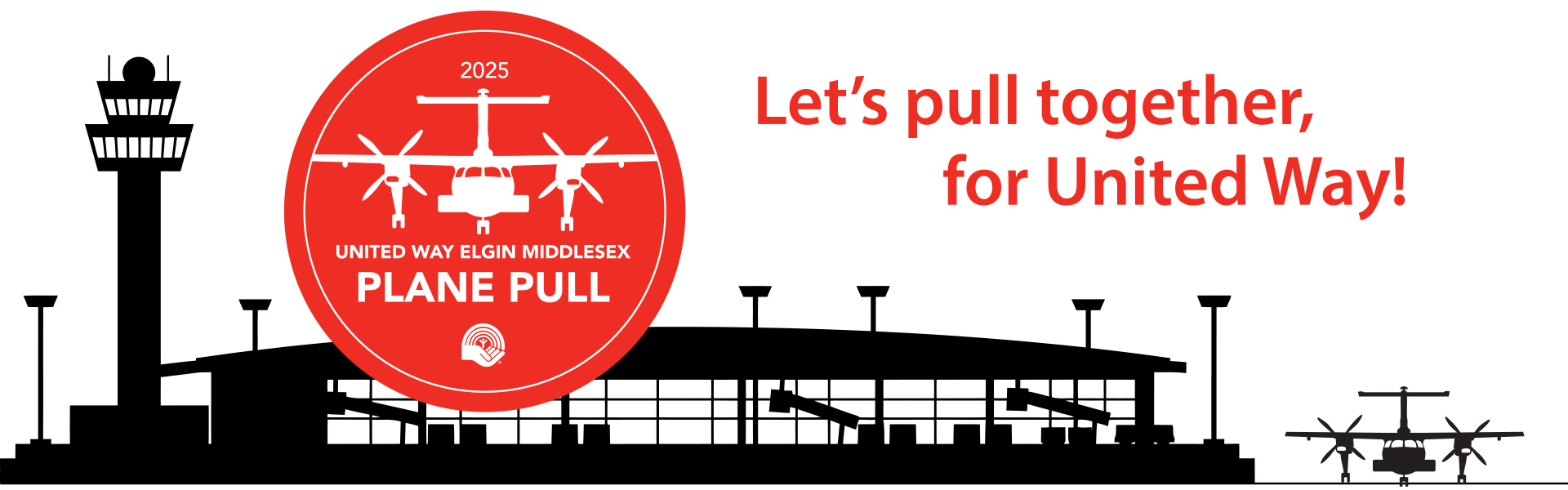 A graphic showing an airplane and an airport building.